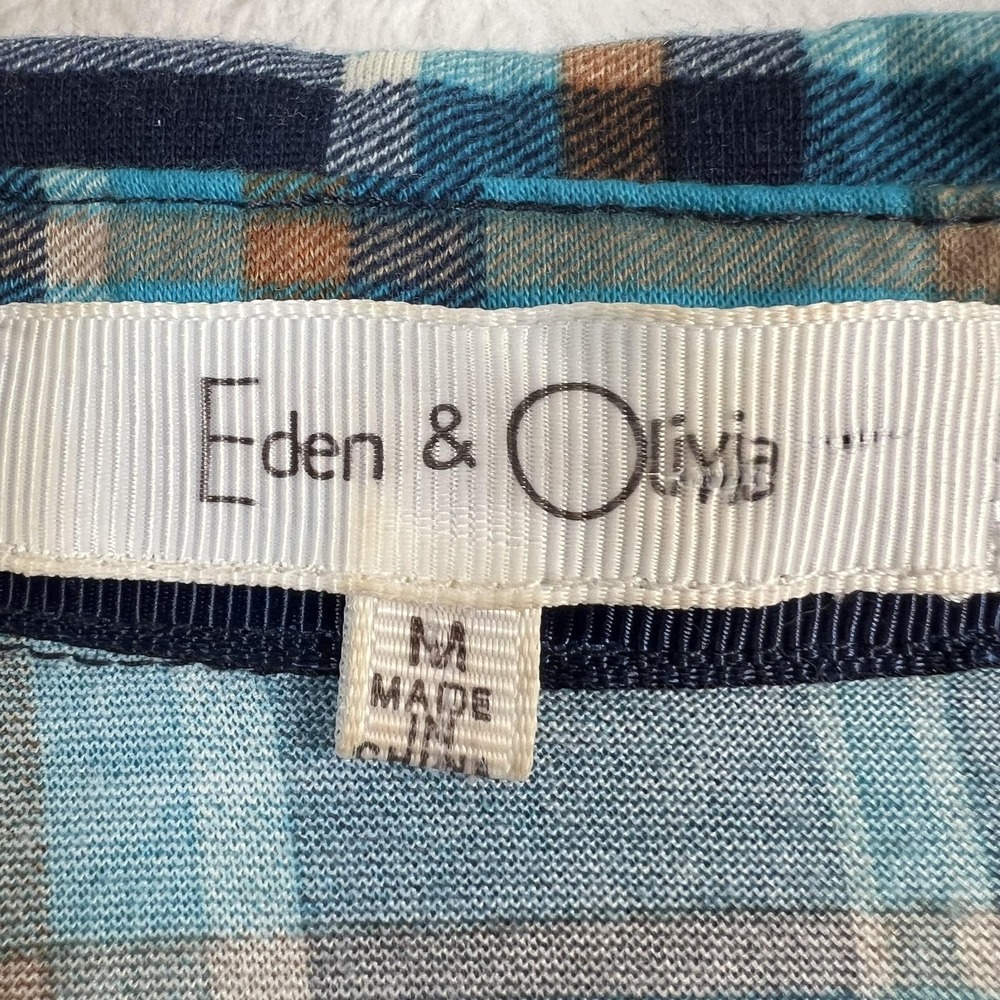 Eden & Olivia Shirt Womens Medium Blue Plaid Button Up Roll Tab Tunic Top - Picture 2 of 10